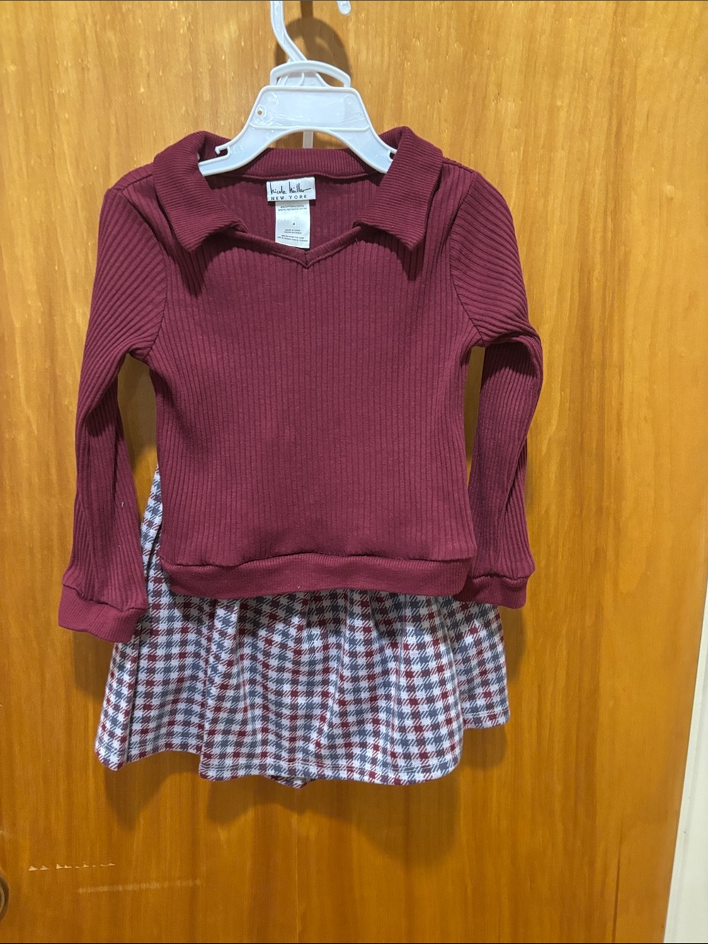Nicole Miller Maroon Long Sleeve Ribbed Top with Plaid Skirt Set